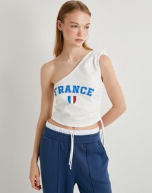 Resim Koton Tek Omuz Üst France Baskılı Fiyonk Detaylı Büzgülü Slim Fit Ekru 4sal30255ık Ekru 
