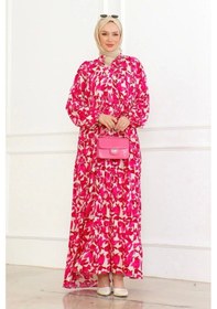 Resim Düğmeli Yaka Viskon Elbise - Pembe Pembe 
