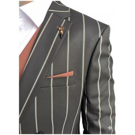 Resim Erkek Çizgili Takım Elbise 3 Lü Set Ceket + Yelek + Pantolon Slim Fit İtalyan Tarz Siyah 