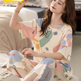 Resim Yeni Yaz Yuvarlak Yaka Kısa Kollu Yedi-Sekiz Pantolonlu Rahat Pijama Takımı, Kadınlar için Çiçekli-Renk Blok Ayı Baskılı Kayısı Ev Giysisi, Konforlu Uyku Kıyafeti 2 Parça Set 