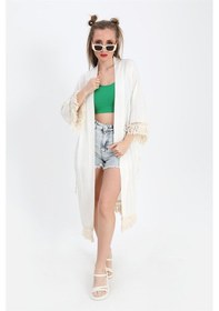 Resim Kimono Palmiye Baskılı Püsküllü - Ekru-ekru Ekru 