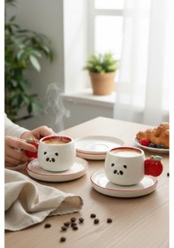 Resim 2 Kişilik Seramik Kahve Fincanı Kabartma Panda Figürlü Beyaz - Sarı 