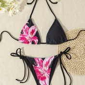 Resim Diriliş Pembe Askılı Seksi Üçgen Kupa Bikini, Konumlandırma Baskılı 
