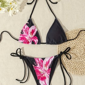 Resim Diriliş Pembe Askılı Seksi Üçgen Kupa Bikini, Konumlandırma Baskılı 