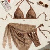 Resim Plaj Tatili için Bağcıklı Etnik Boho Tarzı Seksi Mayo, Düz Renkli File Detaylı Bikini Takımı 