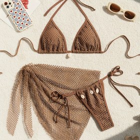 Resim Plaj Tatili için Bağcıklı Etnik Boho Tarzı Seksi Mayo, Düz Renkli File Detaylı Bikini Takımı 