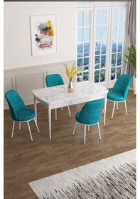 Resim Canisa Concept Han Serisi 70x114, Açılabilir Mdf Mutfak Masa Takımı, Beyaz Mermer Desen Masa 4 Turkuaz Sandalye Masa Beyaz Mermer Desenli Sandalyeler Turkuaz 