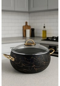 Resim Yunusoğlu Home 28 Cm Basık Güveç Tencere 3.5 Litre, Gold Kulplu, 4 Mm Granit Kaplama, Yanmaz Yapışmaz Siyah 