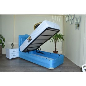 Resim Baza Yatak Başlık TURKUAZ MAVİ Silin Model Metal Fırın Boya 90*190 cm Ful Ortopedik Yatak El Yapım 