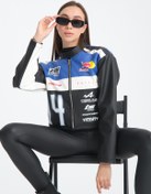 Resim Black Level Kadın Oversize Baskılı Deri Şeritli Motorcu Montu Garnili Fermuarlı Yarışçı Ceketi Bomber Kolej Mont 