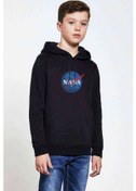 Resim X Nasa Baskılı Unisex Çocuk Kapüşonlu Siyah Sweatshirt Siyah 