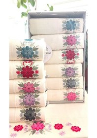 Resim 6.lı Set Annem 50x90 Cm. Özel Tafting Nakışlı Kadife Doku Çeyizlik Lüks Havlu Seti Beyaz Renkli 