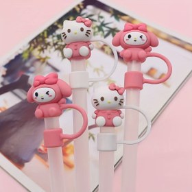 Resim Hello Kitty ve My Melody Figürlü Popüler 3D Silikon Pipet Başlıkları - 4'lü Pembe Çizgi Film İçecek Aksesuar Seti, Spor Su Şişelerini ve Kahve Kupalarını Süslemek İçin Mükemmel 