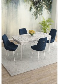Resim Meri Serisi 80x132 Açılabilir Mdf Beyaz Mermer Desen Masa Takımı 4 Kahve Sandalye Lacivert 
