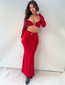 Resim Kırmızı Tokalı Micro Kumaş Maxi İkili Takım Kırmızı 