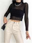 Resim ladyzey Kadın Balıkçı Yaka Dalga Desenli Tül Crop 