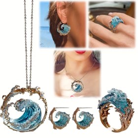 Resim 4 adet Bohem Ocean Wave Takı Seti - Eşleşen Kolye, Küpe ve Yüzük ile Turkuaz ve Altın Ton, Plaj Tatilleri ve Anneler Günü Hediyeleri için Mükemmel, Plaj Aksesuarları | Bohem Stili | Altın Ton Detaylar, Plaj Aksesuarları 