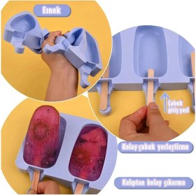 Resim 3’lü Silikon Dondurma Kalıbı, 50 Çubuk, Pratik ve Eğlenceli Yapım Seti 