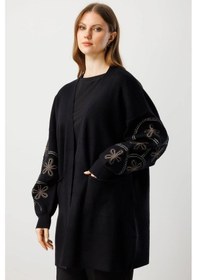 Resim On Fashion Kadın Çiçek İşlemeli Torba Cepli Siyah Hırka 60904 Siyah 