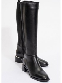 Resim Rochos Siyah Cilt Streç Detaylı Hakiki Deri Kadın Çizme Siyah Mat 