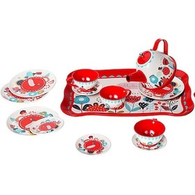 Resim Vardem Çiçek Desenli Metal Çay Seti 14 Parça Kırmızı 