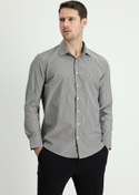Resim Siyah Uzun Kol Slim Fit Dar Kesim Klasik Çizgili Pamuklu Kolay Ütülenebilir Gömlek Kigili