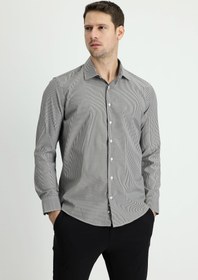 Resim Siyah Uzun Kol Slim Fit Dar Kesim Klasik Çizgili Pamuklu Kolay Ütülenebilir Gömlek 