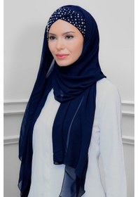 Resim Hürrem Bone Lacivert Pratik Hazır Geçmeli Bone Şal Şifon Kendinden Boneli Taş 