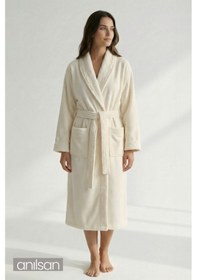 Resim Şalyaka Kadife Bornoz Krem %100 Pamuk Unisex Spa Için Ideal, Günlük Kullanıma Uygun Kadın/erkek Krem 