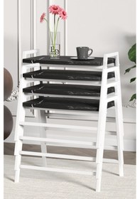 Resim Zigon Sehpa , Aden 4'lü Tepsi Zigon Sehpa Takımı Beyaz Metal - Siyah Mermer Tabla Beyaz-siyah Mermer 