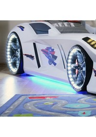 Resim Arabalı Yatak, Jaguar Koltuklu Full Ledli Arabalı Yatak - Beyaz 1 Adet Comfort Yatak 