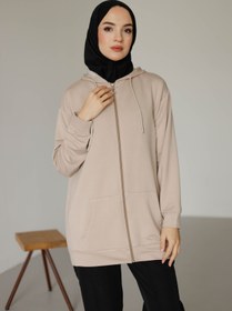 Resim MOONSC Kadın Kapüşonlu Ve Cepli Tesettür Sweatshirt - Hırka 