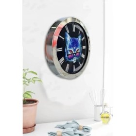 Resim Bahat Krom Çerçeveli Kedili Salon Ofis Duvar Saati 36 cm 