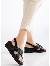 Resim Kadın Dolgu Topuk Sandalet Siyah Çapraz Bantlı Ortopedik-3729 Siyah 