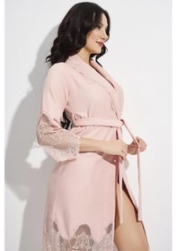 Resim Dantelli Kısa Şalyaka Bukle Bambu Cotton Bayan Bornoz Pudra 