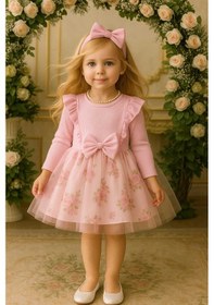 Resim Retro Women Kız Çocuk Çiçekli Toz Pembe Doğum Günü Abiye Prenses Şık Elbise Pembe 