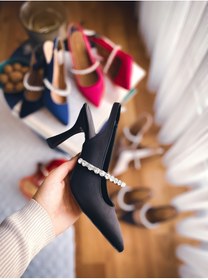 Resim SOFT FASHION Kadın Siyah Arkası Açık Taşlı Saten Stiletto Gece Ayakkabısı - Topuk 8.5 Cm 