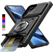 Resim S25 Ultra, S24 Ultra, S23 Ultra, A15, A55, A16, A56 ile uyumlu, metal stand ve kart yuvası bulunan ağır hizmet tipi şok geçirmez telefon kılıfı. 