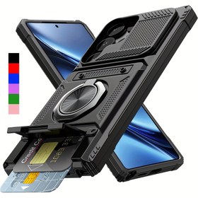 Resim S25 Ultra, S24 Ultra, S23 Ultra, A15, A55, A16, A56 ile uyumlu, metal stand ve kart yuvası bulunan ağır hizmet tipi şok geçirmez telefon kılıfı. 