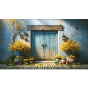 Resim Venspor Rustik Mavi Kapı ve Sarı Çiçeklerle Süslü Bahçe Temalı Arkaplan 200x150cm Fon Duvar Örtüsü 