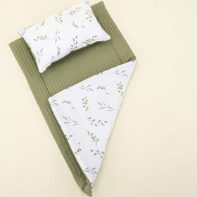 Resim Alt Açma Matı ve Yastık - Çift Taraflı - Açık Yeşil Örgü - Yapraklar 