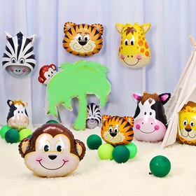 Resim 6 adet, 17 inç/43.2 cm Mini Küçük Orman Hayvanı Başlıklı Balonlar, Aslan Kaplan Fil Zürafa Tasarımlı Doğum Günü Partisi Süslemeleri için Balonlar, Orman Temalı Parti Süsleri, Bayramlık Parti Malzemeleri, Paskalya Oda Dekoru 