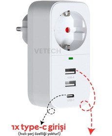 Resim Vetech Akım Korumalı Akıllı Priz 2 USB Girişi + 1 TYPE-C Girişli Priz 