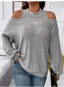 Resim Sonbahar Kadın Bluz Büyük Beden Rahat Düz Renk Askısız Moda Bol Uzun Kollu Örgü Üstler Gri 