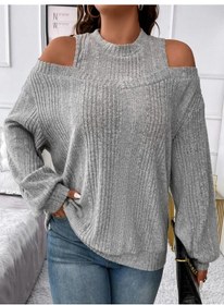 Resim Sonbahar Kadın Bluz Büyük Beden Rahat Düz Renk Askısız Moda Bol Uzun Kollu Örgü Üstler Gri 