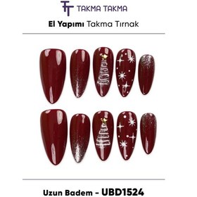 Resim 10'lu Bordo Uzun Badem Ubd1524 Tekrar Kullanılabilir El Yapımı Protez Takma Tırnak L 