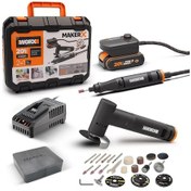 Resim Worx WX990 MakerX 20Volt 2.0Ah Kömürsüz Profesyonel Devir Ayarlı Gravür + 50 MM Açılı Avuç Taşlama Kombo Set + 39 Parça Aksesuar 