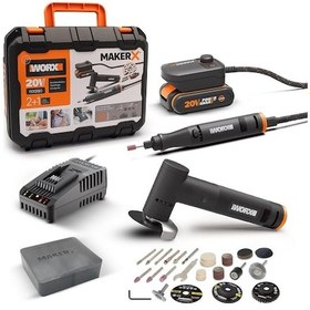 Resim Worx WX990 MakerX 20Volt 2.0Ah Kömürsüz Profesyonel Devir Ayarlı Gravür + 50 MM Açılı Avuç Taşlama Kombo Set + 39 Parça Aksesuar 