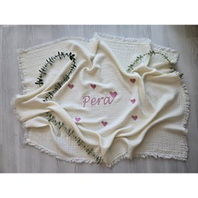 Resim sevilleatelier 4 Katlı Müslin %100 Pamuk Çok Amaçlı Bebek Battaniyesi-Kişiye Özgü İsimli Nakış Desenli (HEDİYELİK} 