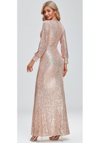 Resim Hanife Glam Couture Hanife Glam Uzun Kollu Kruvaze Yaka Pullu Abiye Elbise Gold 
